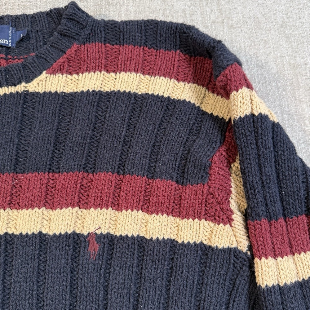 Vtg Polo Ralph Lauren Striped Ribbed Cotton Sweater L Navy Burgundy Old Money - Picture 12 of 12